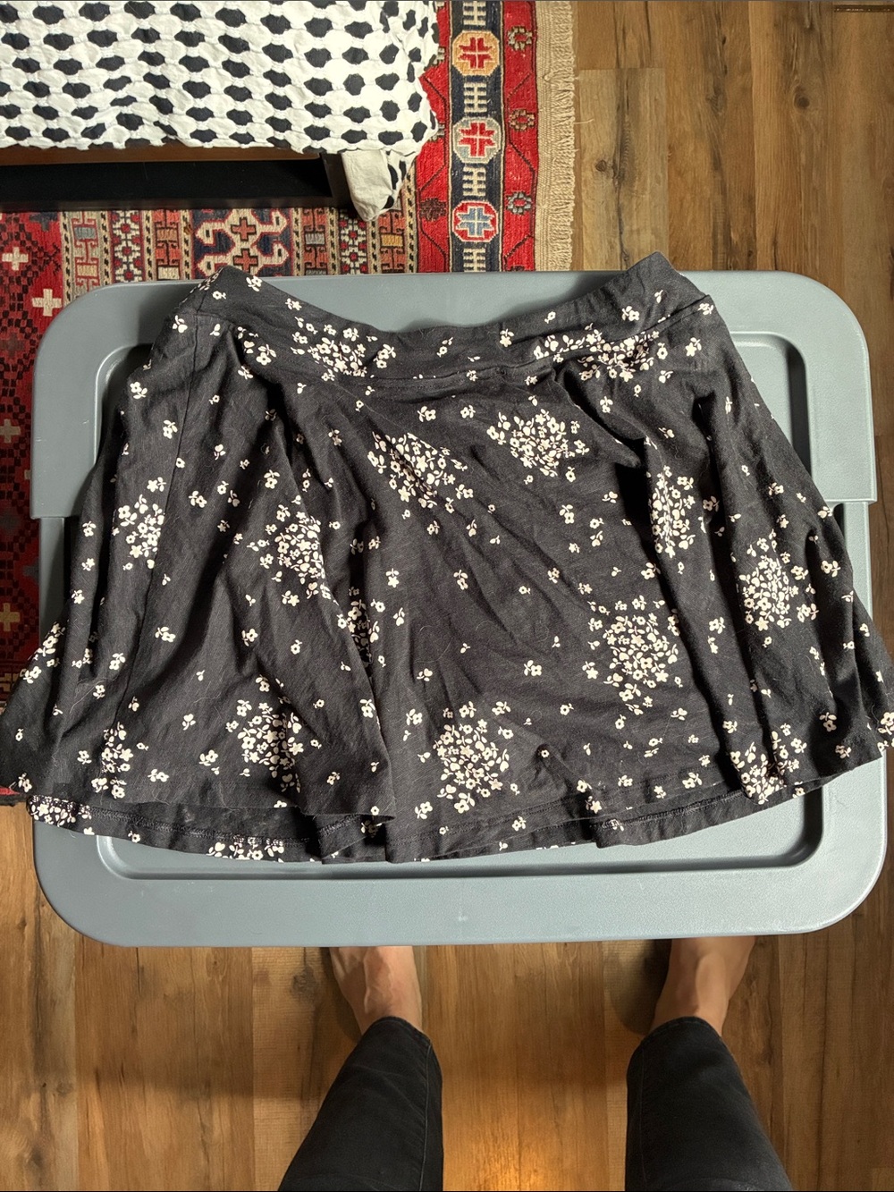 Toad&Co Black Floral Circle Skirt with Cream Ditsy Print